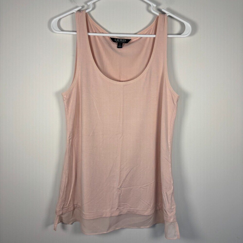 LAUREN RALPH LAUREN Stretch Jersey Tank Top Womens S Pink Ruffle Flowy Scoop